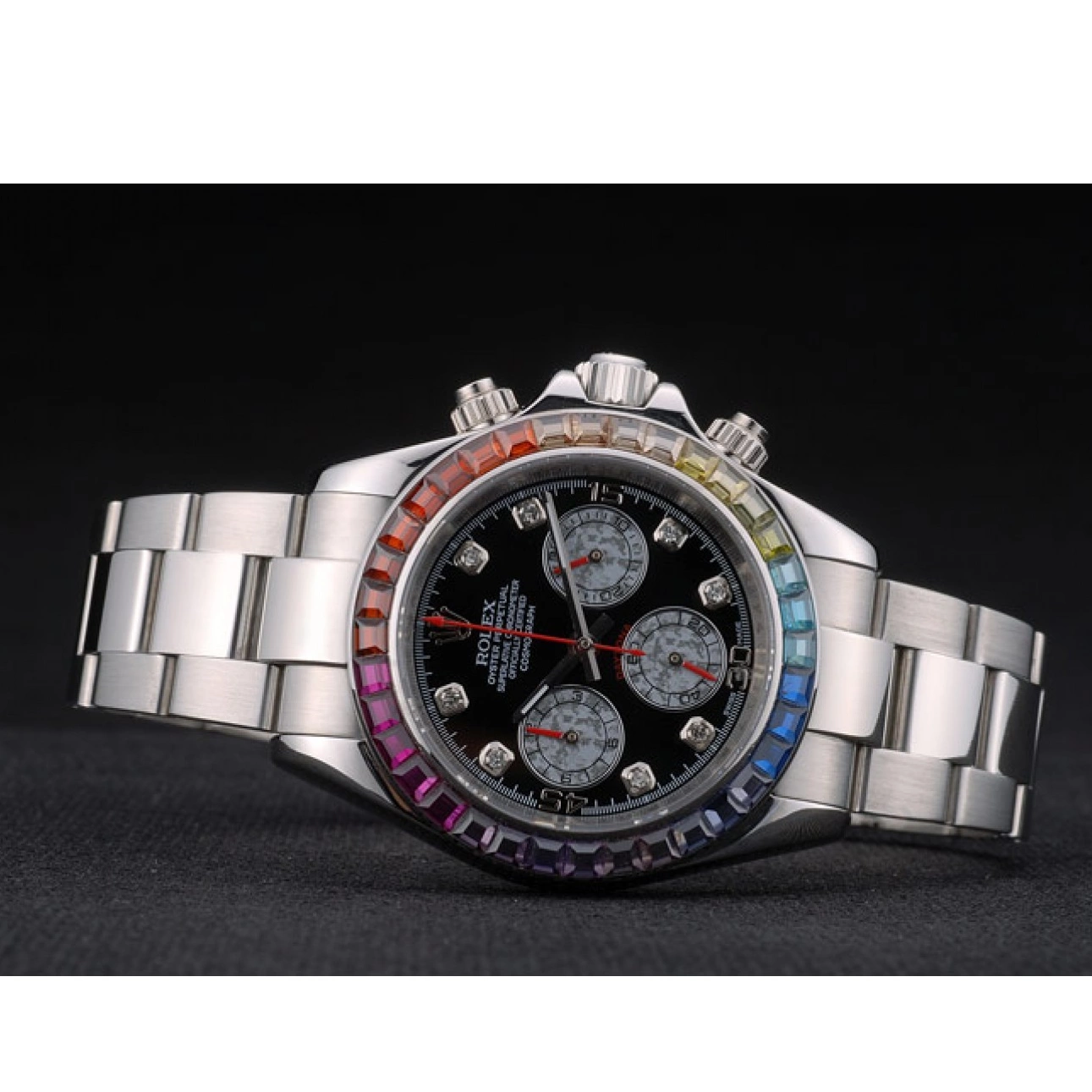 AAA replica watch Daytona Steep Dial Rolex Strap Rainbow Cosmograph 80250 Bezel Crystals Black Stainless 0604